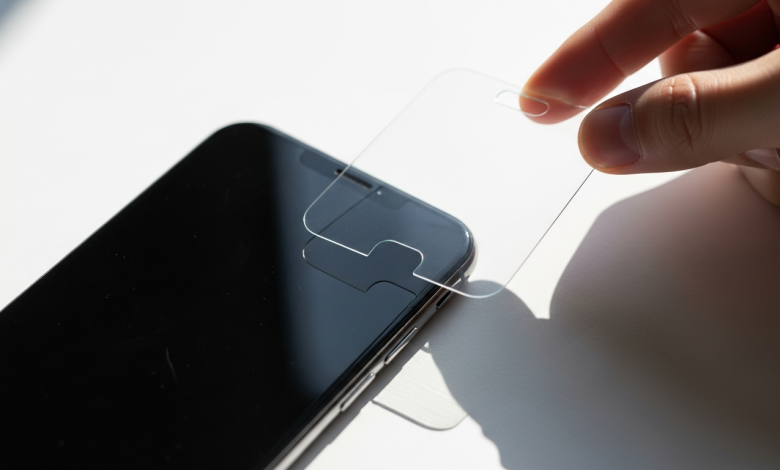 Smartphone with tempered glass screen protector being applied (illustrative)